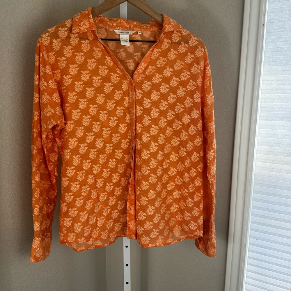 Sundance Orange Blouse with White‎ Leaf Pattern Cotton and Silk Size Medium